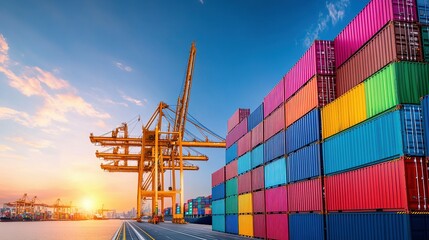 Shipping containers stacked high near a large harbor crane at dusk