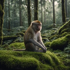 Obraz premium A monkey meditating on a moss-covered rock in a serene forest
