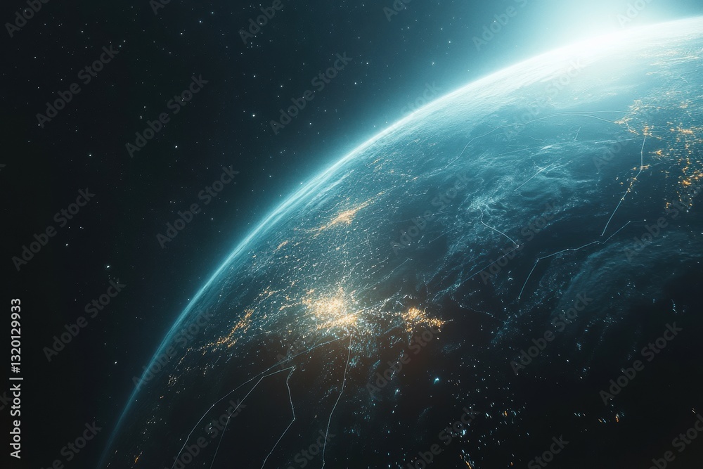Poster night view of earth from space showcasing vibrant lights of communication networks and a global conn