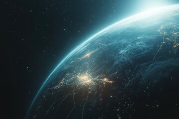 Fototapeta premium Night view of Earth from space showcasing vibrant lights of communication networks and a global connection system
