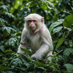 Fototapeta premium A rare albino monkey standing out among vibrant green leaves