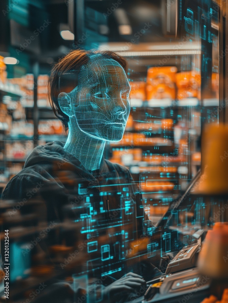 Poster Smart cashier in a supermarket using AI technology to automate the checkout process for a seamless shopping experience