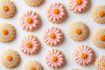 Cookies decorated with flower-shaped icing pattern in shades of pink and yellow.