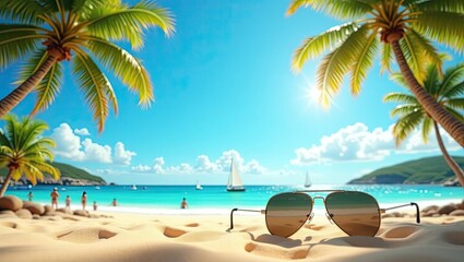 Obraz premium Relaxing Beach Scene with Aviator Sunglasses in Tropical Paradise