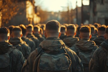 Group of Individuals with Shaved Heads in Military Jackets Demonstrating in Daylight