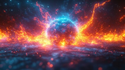 Obraz premium Abstract Glowing Sphere of Neon Particles with Futuristic Light Beams and Symmetrical Design
