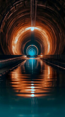 Water Reflects Lights in a Circular Tunnel's Interior, Creating an Abstract Background Image with Vivid Colors and Mysterious Atmosphere.