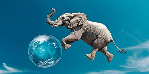 Surreal Digital Art: Elephant Leaps Towards a Teal Globe in a Vivid Blue Sky,  Illustrating Dreams and  Fantasy.