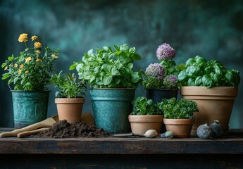 Fototapeta premium gardening tools potted plants earthy soil rustic still life vintage style garden accessories