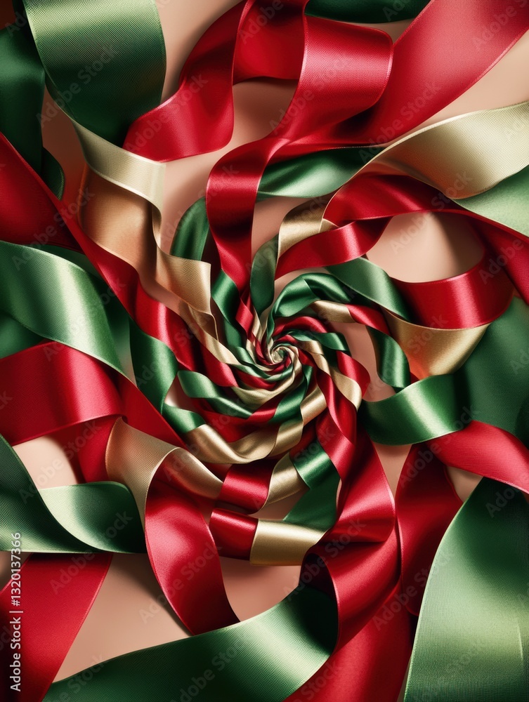 Poster Ribbons and bows spiral design with a central area for text and logos in festive colors for creative projects