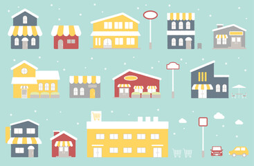 冬のお店・商業施設ベクターイラストセット ショップ 雪景色 スーパーマーケット レストラン 
