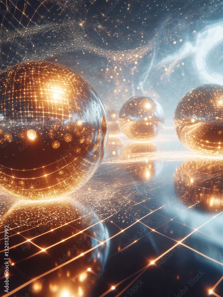 Leinwandbilder Multiple spheres representing unique virtual worlds connected by luminous beams in a cosmic expanse allowing space for text layout
