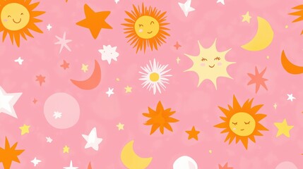Celestial Play: A whimsical pattern featuring smiling suns, moons, and stars against a playful pink backdrop. This design embodies joy and a dreamlike aesthetic.
