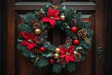 Vibrant Christmas Wreath with Red and Gold Ornaments and Pinecones on Rustic Wooden Door
