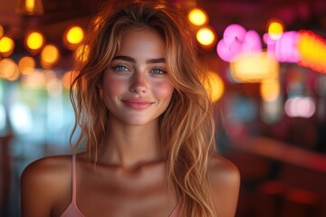Fototapeta premium Excited young woman smiling in colorful casino with slot machines