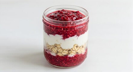 Raspberry parfait in a mason jar featuring layers of raspberry jam granola and yogurt on a white surface.