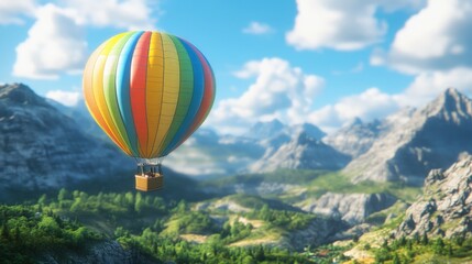 Fototapeta premium Soaring High: A vibrantly colored hot air balloon ascends gracefully over a picturesque mountain range under a bright, cloudy sky. The scene evokes a sense of freedom, adventure, and exploration.