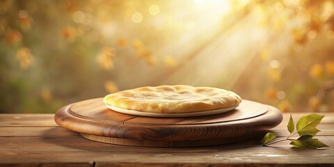 Obraz premium Golden-brown baked flatbread rests on a rustic wooden board, bathed in the warm glow of autumn sunlight, creating a tranquil and inviting scene.