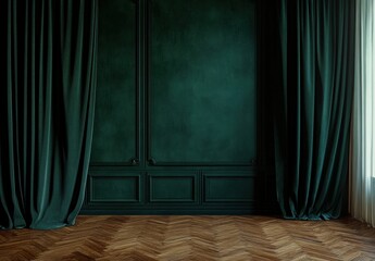 Dark green wall with velvet curtains and herringbone wood floor.