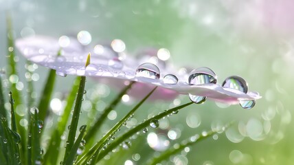 Close-up of a dewdrop on a flower petal or fresh green leaf. The water droplets reflect light and show the purity of nature.