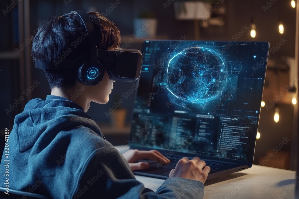 Poster Student engages with advanced virtual learning platform driven by artificial intelligence in a futuristic setting