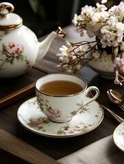 Fototapeta premium Elegant floral teacup and teapot arrangement evokes a sense of refined luxury
