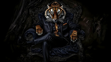 Tiger in a Suit, Majestically Seated on an Ornate Chair, Dark Background, Digital Illustration