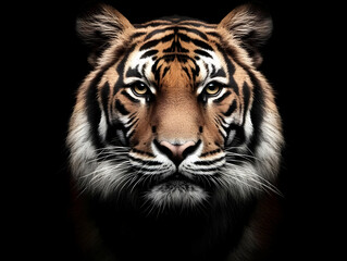 Fototapeta premium Close-up of a Tiger's Intense Gaze, a Realistic Digital Illustration on Black Background, showcasing the animal's powerful presence and detailed fur texture.