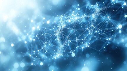 Abstract Network Connection Structure with Moving Dots and Lines in Blue and White Background