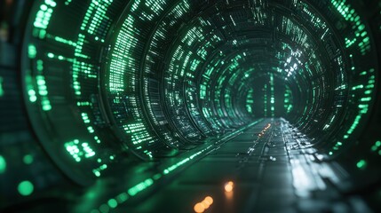 Fototapeta premium Futuristic Digital Landscape with Glowing Green Data Points and Cyberpunk Aesthetics