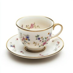 A beautifully decorated porcelain teacup and saucer on a white background