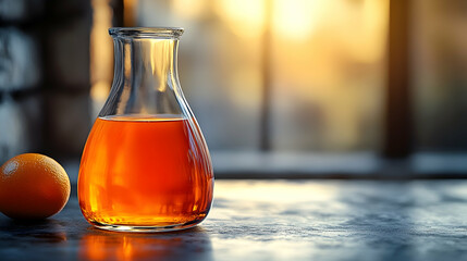 Clear Beaker Filled with Orange Liquid Beside Orange Fruit on Dark Shiny Table Under Bright Window Light