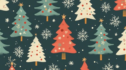 Obraz premium Festive Forest: A cheerful repeating pattern of decorated Christmas trees and snowflakes, ideal for holiday designs and seasonal greetings.