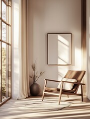 Minimalist interior with wooden chair and sunlight, selective focus