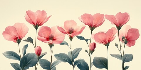 Obraz premium Vibrant Pink Flowers Botanical Illustration Vintage Style