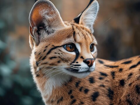 Captivating gaze of a serval cat with attentive expression close-up