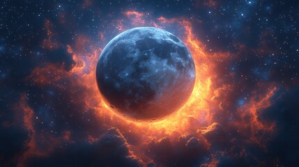 Obraz premium Celestial Body Enveloped in Fiery Cosmic Clouds