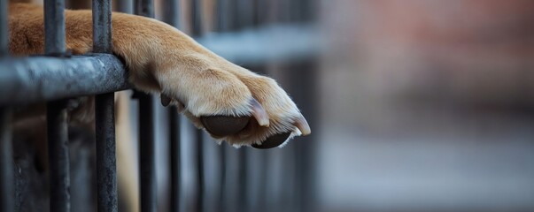 Obraz premium A close up of a dogs paw in front of bars