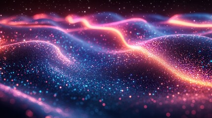Futuristic Abstract Wave Landscape with Glowing Particles in Blue and Purple Colors