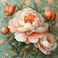 Vibrant Seamless Vector Pattern of Pink and White Peony Flowers on Changeable Background