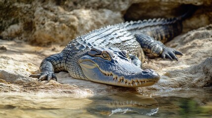 Fototapeta premium Crocodile basking in sun on rocky shore