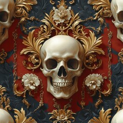Luxurious Baroque Halloween Pattern with Gold Skulls Chains and Floral Ornaments on Red and Black Background