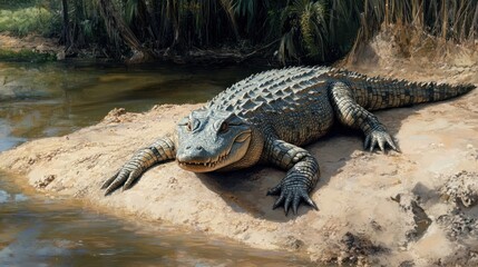 Fototapeta premium Large reptile resting on sandy bank of a waterway
