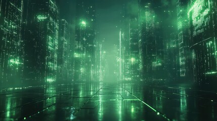 Obraz premium Futuristic Green Neon Wave with Glowing Particles and Interconnected Lines in Digital Landscape
