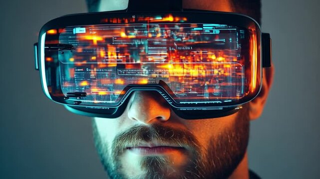 VR Innovation: Captivating shot of a man enveloped in the digital frontier, eyes focused through virtual reality goggles. The headset projects an intricate matrix of data and graphics.