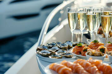 Luxury Yacht Aperitifs:  A spread of delectable delicacies on a pristine white yacht deck - shimmering champagne, fresh oysters, and salmon sashimi  -  the epitome of refined coastal living.