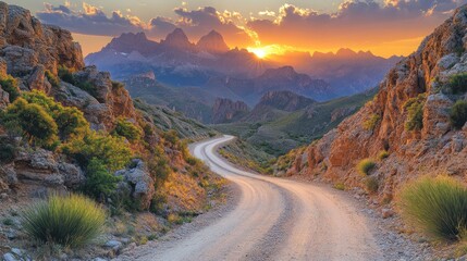 Winding mountain road at sunset (1)