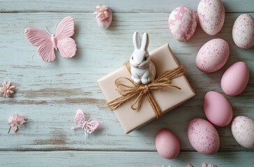 Minimalist Easter Still Life with Bunny, Decorative Eggs and Butterfly