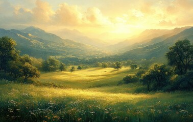Obraz premium Serene Mountain Landscape with Morning Fog and Golden Sunrise Over Gentle Hills and Vibrant Grass