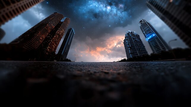 Surreal cityscape at dusk with towering skyscrapers under a starry sky and vibrant clouds